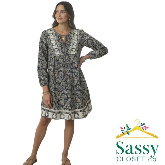 Lucky Brand Blue Tan White Crochet Accent Sleeveless Lined Dress Size M EUC - Picture 1 of 10